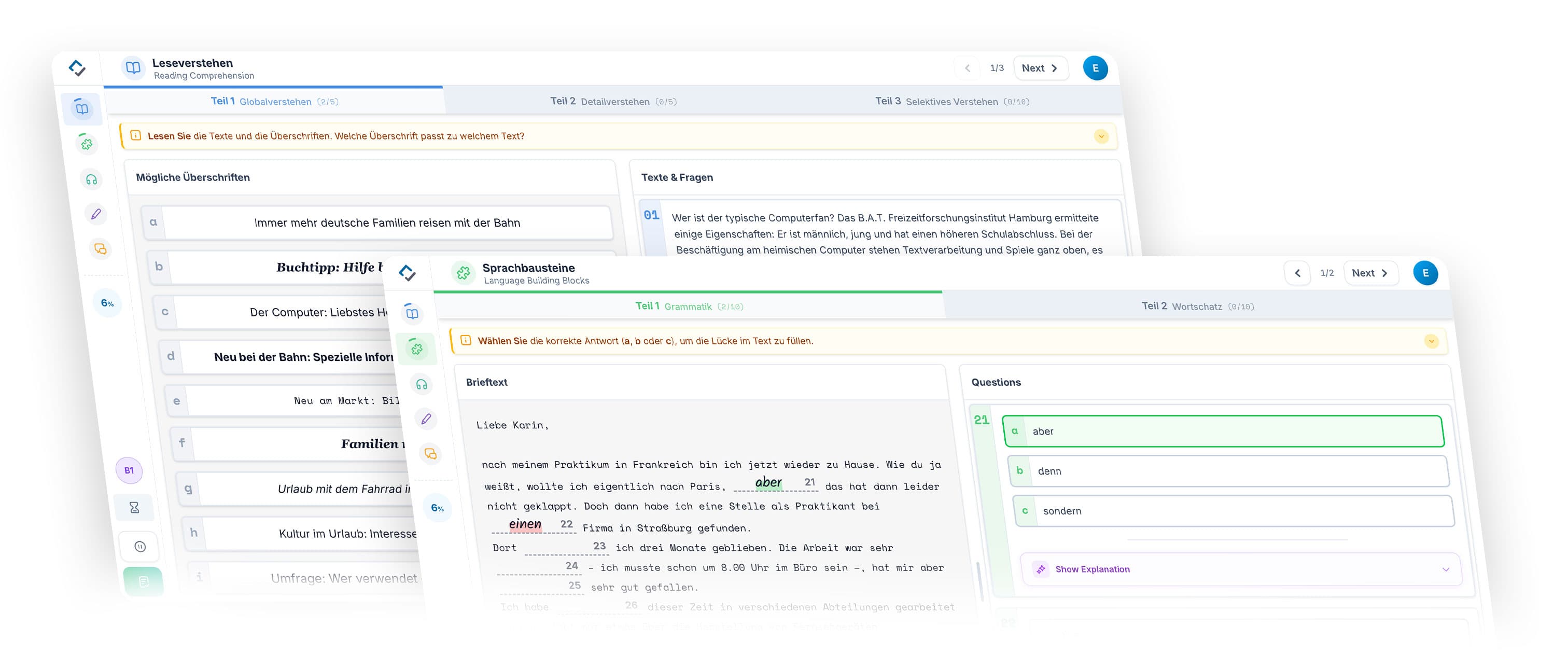 Prepliq dashboard showing TELC, Goethe-Zertifikat and TestDaF practice test results with instant feedback on Reading, Listening, Writing, Speaking and Grammar for levels A1 to C2